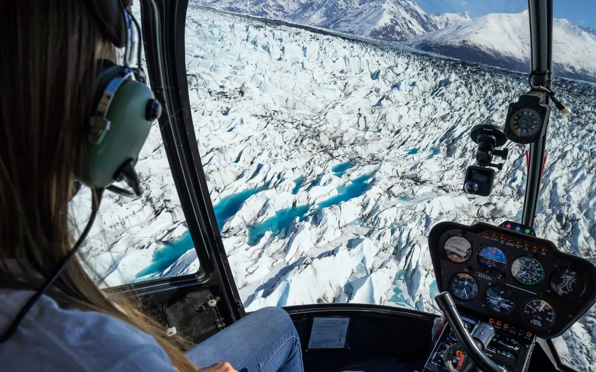 The cockpit of a light helicopter in Alaska