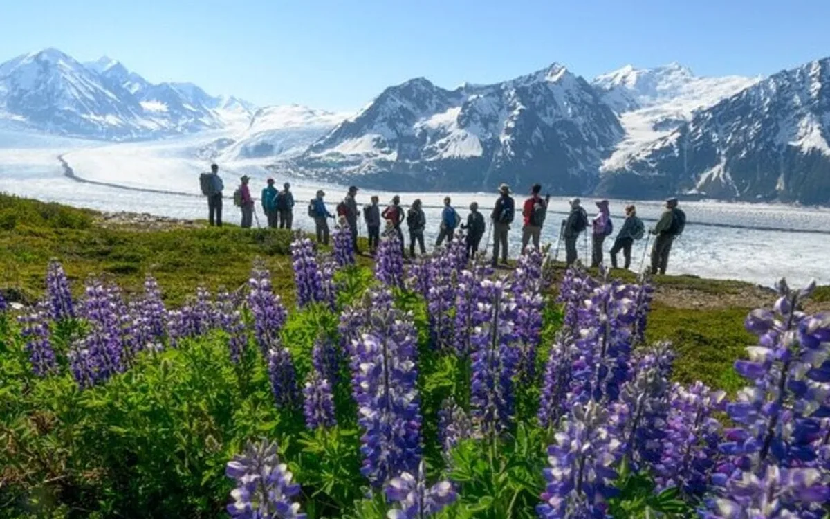 Walkers on the surface of a glacier in Alaska